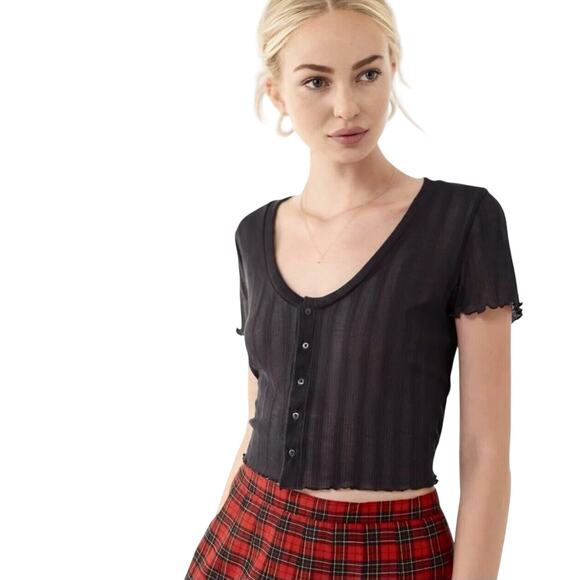 Project Social T Lettuce Edge Rib Knit Button Short Sleeve Scoop Neck Blouse XL - Picture 1 of 6